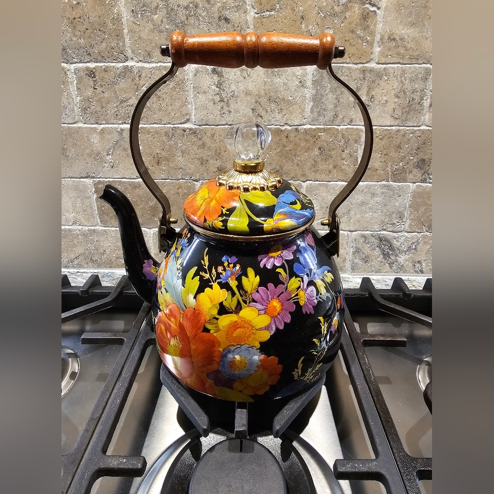 Floral Enamel Tea Kettle with Wooden Handle